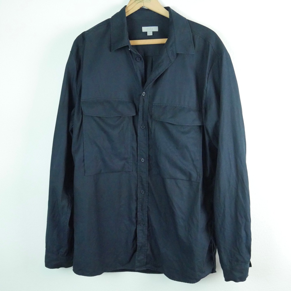 COS Mens Navy Blue Oversized Utility Shirt Flap Pocket Minimal Capsule Shirt L